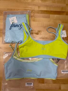 3 piece lime + blue fancy sports bra and leggings set size XL
